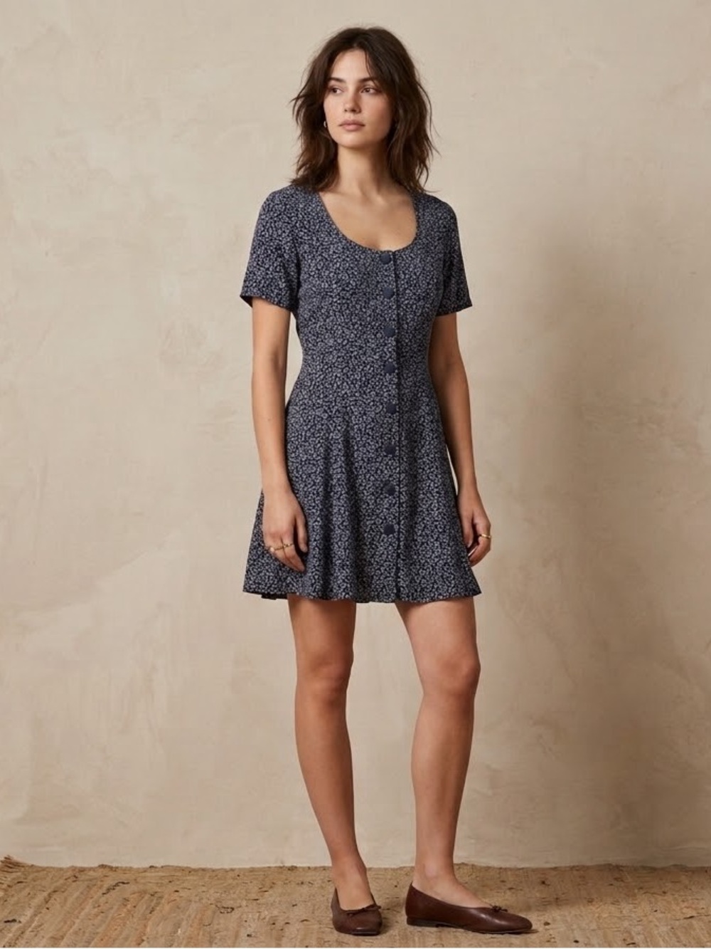 Vtg Pimkie Short Scoop Neck Floral Button-Front Dress in Navy Small/Medium